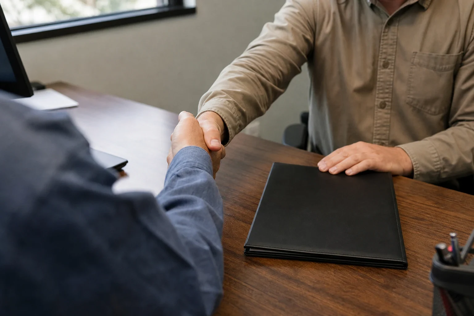 Over-the-shoulder view of two men shaking hands across a wooden office desk, a closed black folder on the desk and a window behind